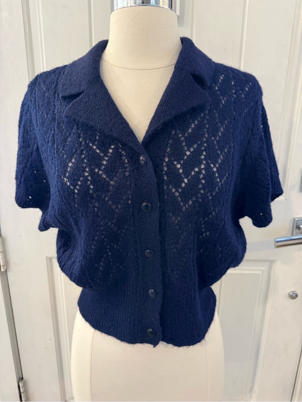 VTG 90s Contempo Casuals Navy Pointelle Knit Cardigan Short Sleeve preppy